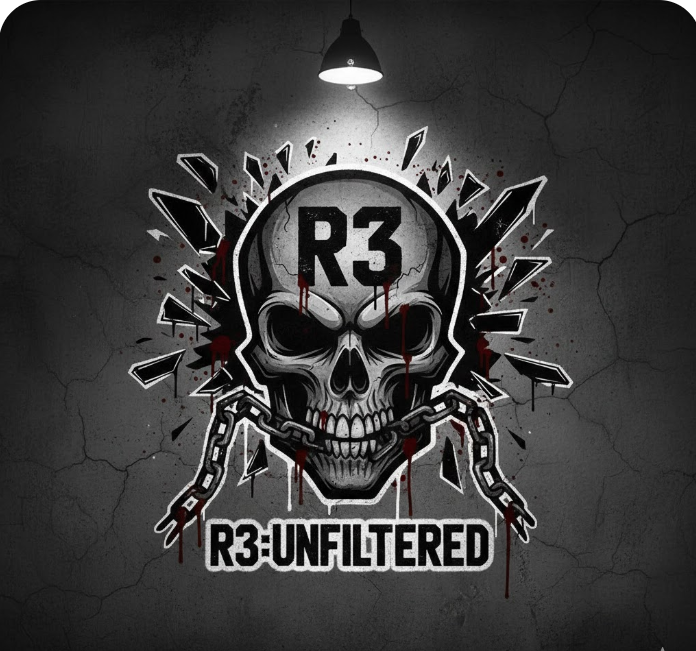 R3:UNFILTERED - Skull with broken chains and shattered glass graphic representing raw unfiltered truth streetwear collection