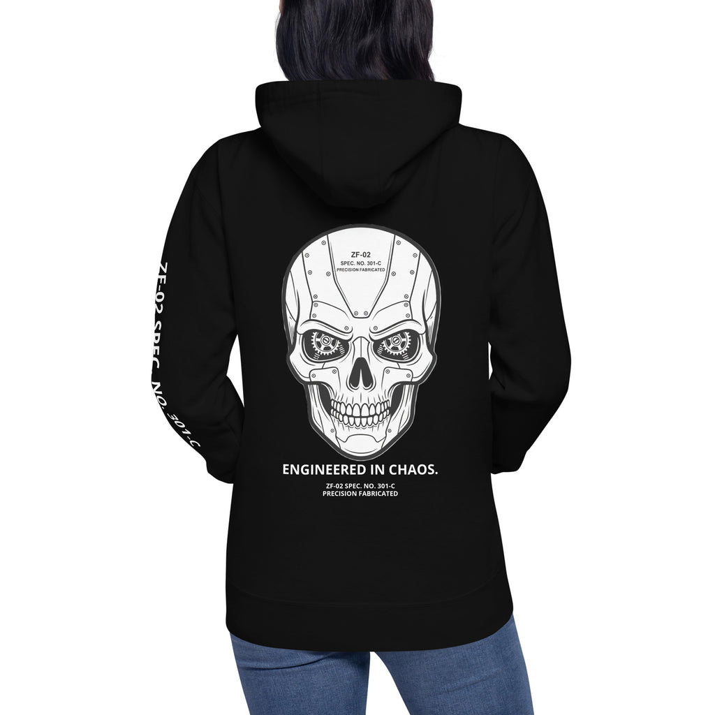 Black hoodie with a  fabricated skull design and text on the back, worn by a woman.