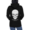 Black hoodie with a  fabricated skull design and text on the back, worn by a woman.