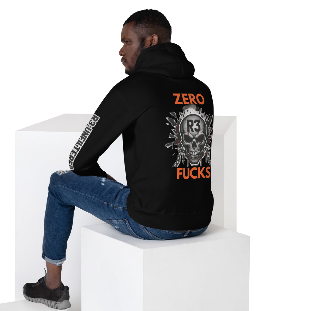 Man wearing a black hoodie with graphic skull design and teal text