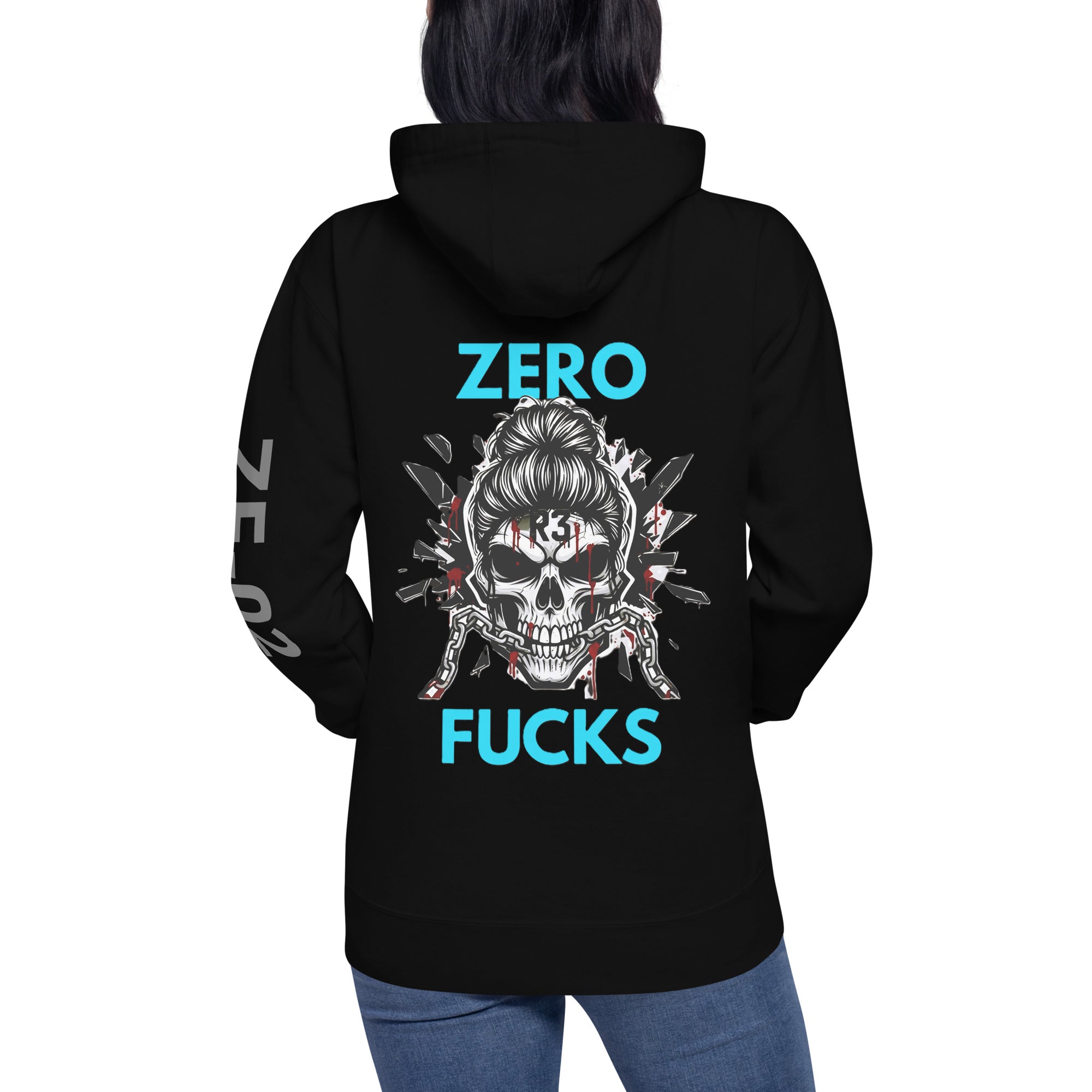 Black hoodie with a skull graphic design and teal text on the back
