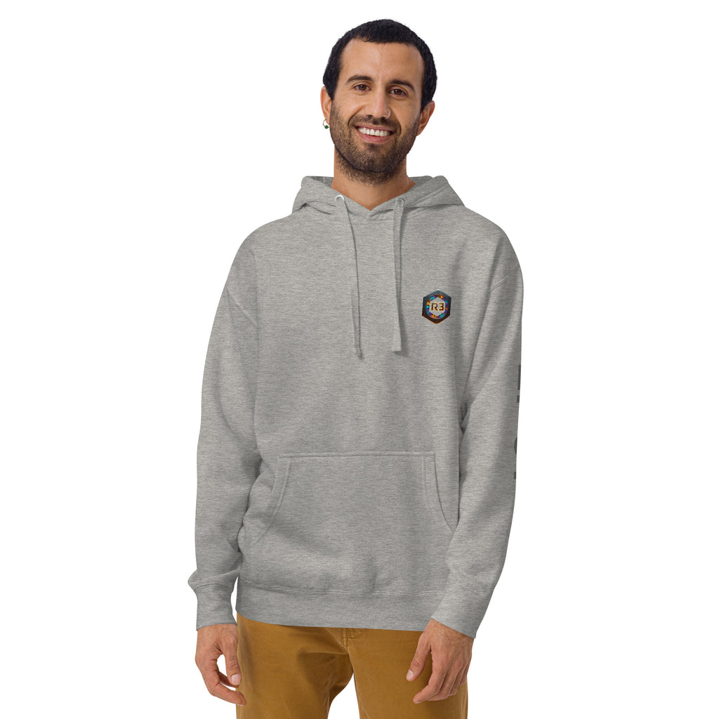 Man wearing a gray hoodie with a R3 logo 