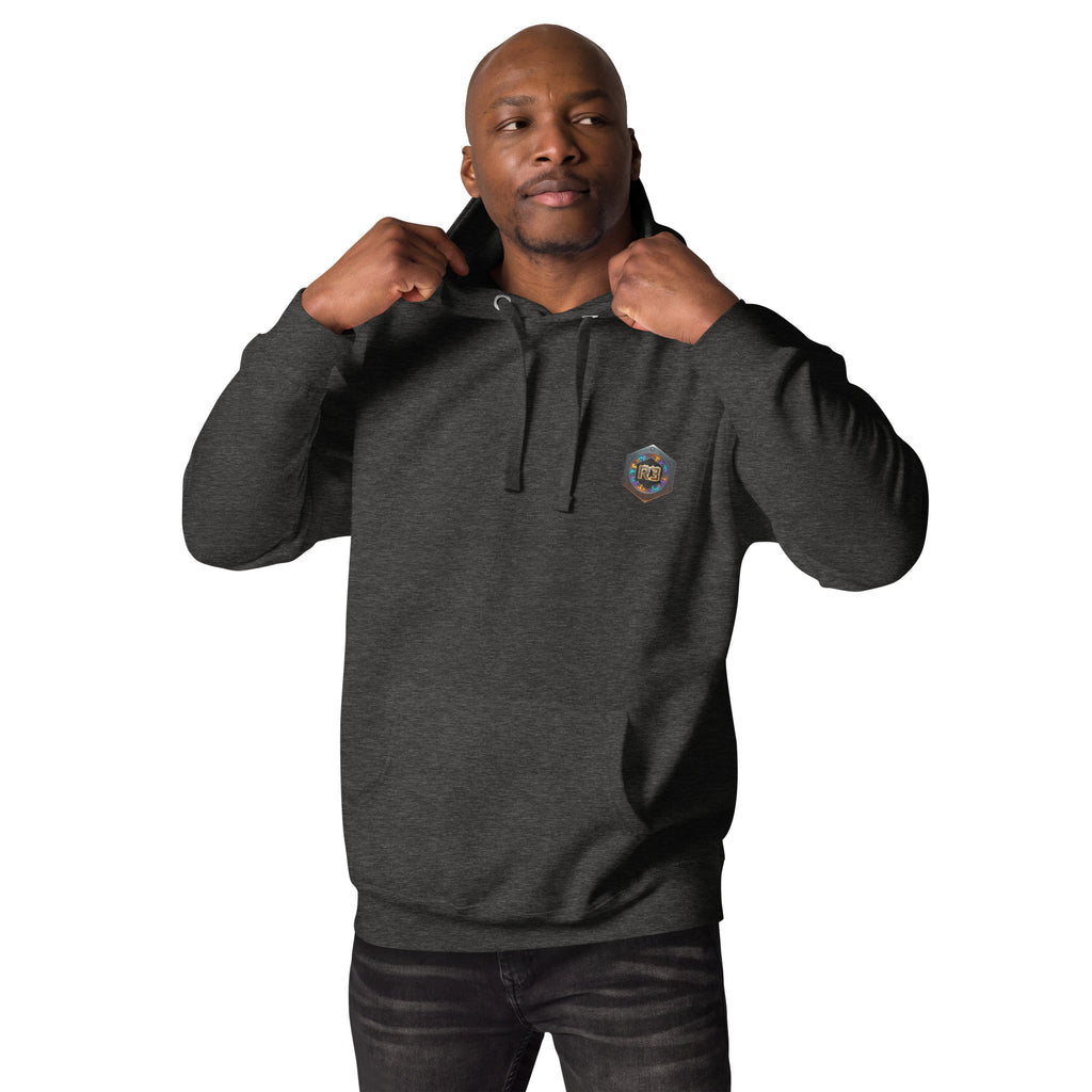 Man wearing a dark heather hoodie with a R3 logo 