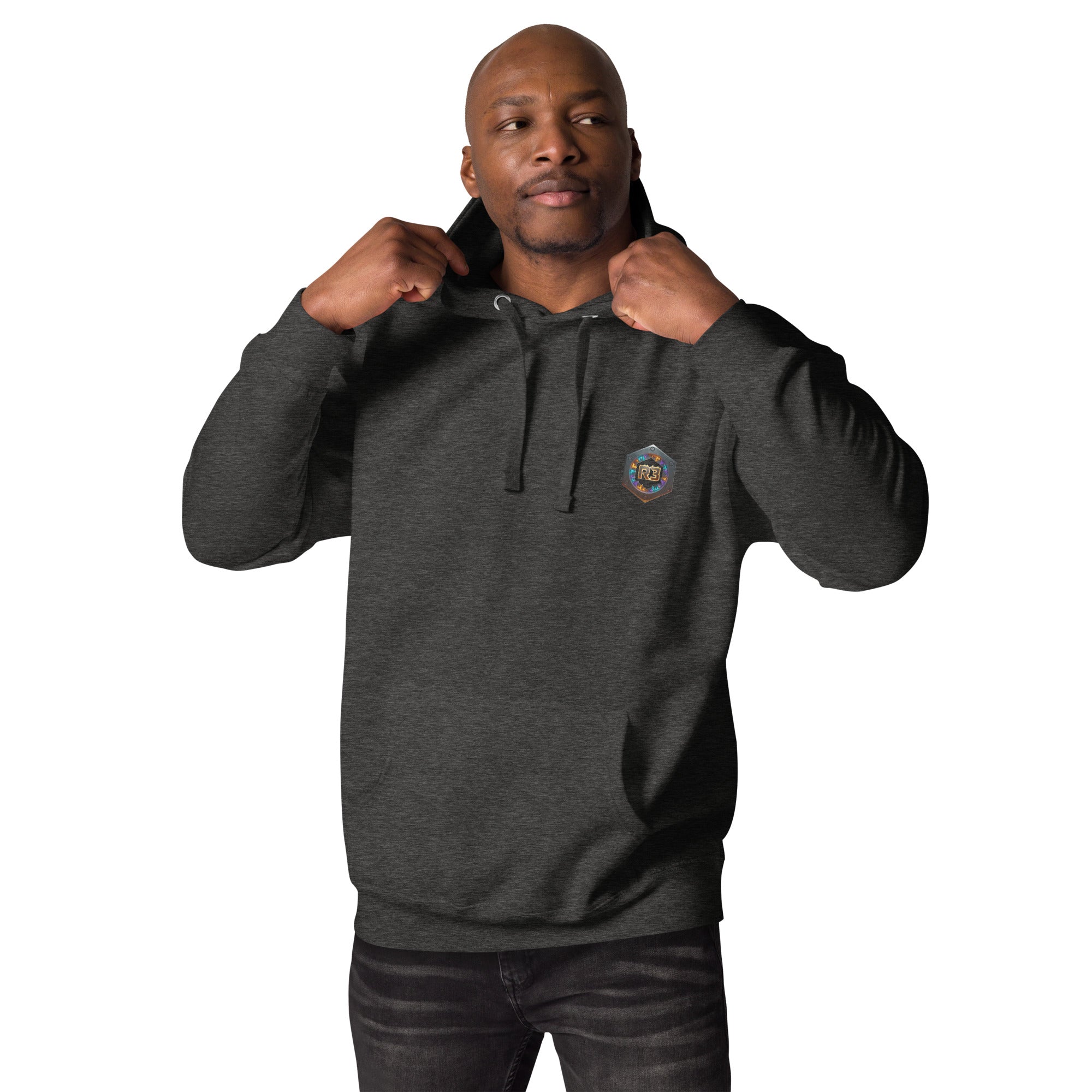 Man wearing a dark heather hoodie with a R3 logo 