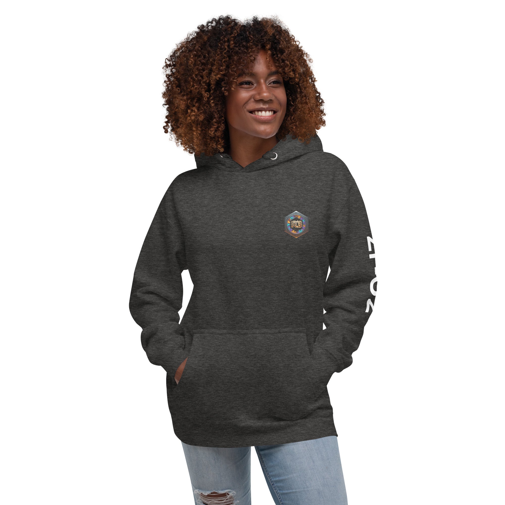 Woman wearing a dark heather hoodie with R3 logo