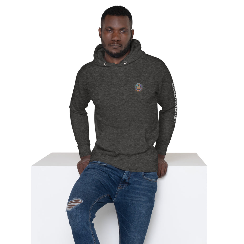 Man wearing a dark gray hoodie with a R3 logo 