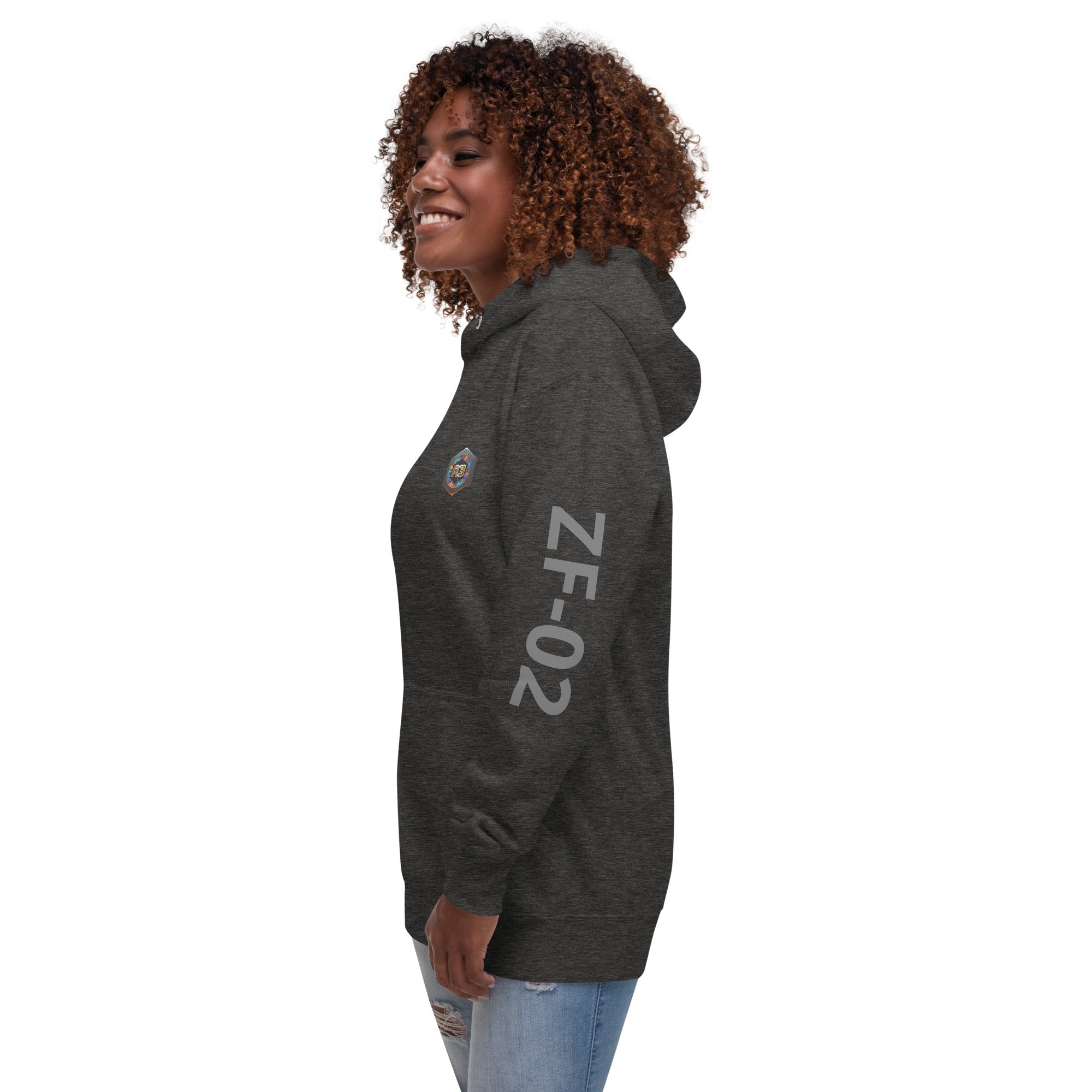Woman wearing a dark gray hoodie with 'ZF-02' text on left sleeve