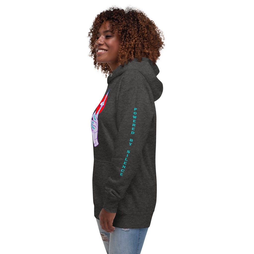 Woman wearing a dark gray hoodie with colorful graphics and text on left sleeve Powered By Silence