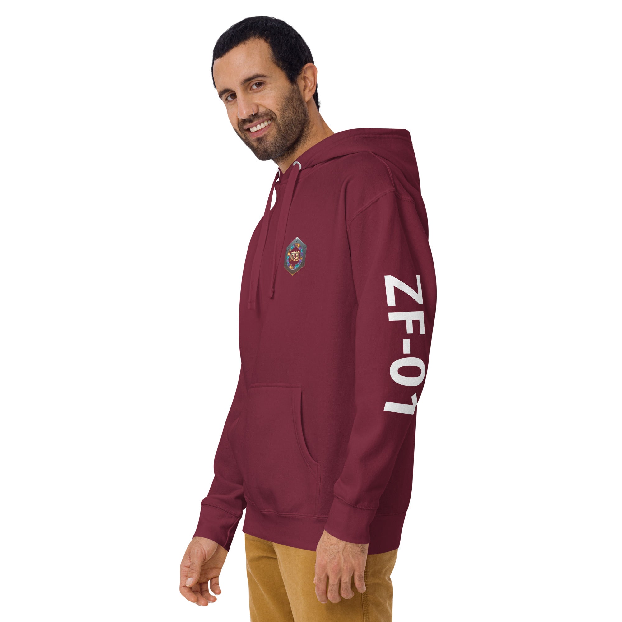 Man wearing a maroon hoodie with 'ZF-01' text on a white background