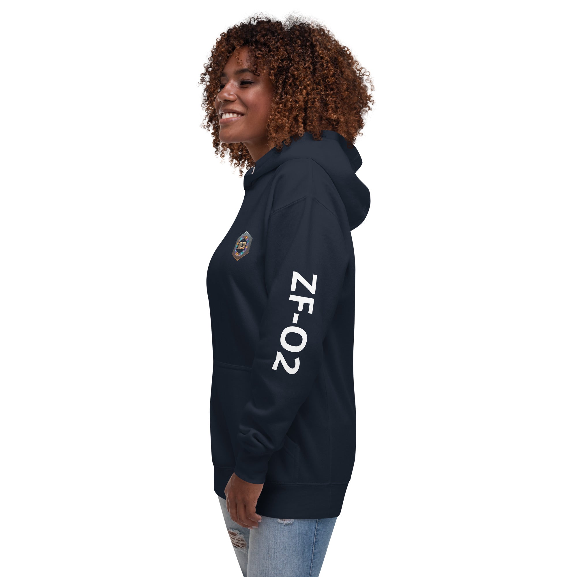 Woman wearing a navy hoodie with 'ZF-O2' text on left sleeve.
