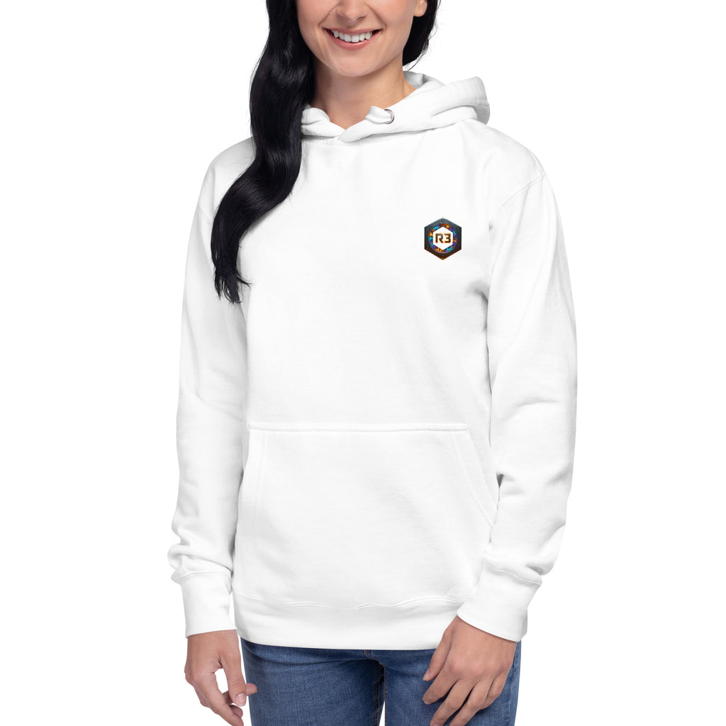 Woman wearing a white hoodie with a R3 logo 
