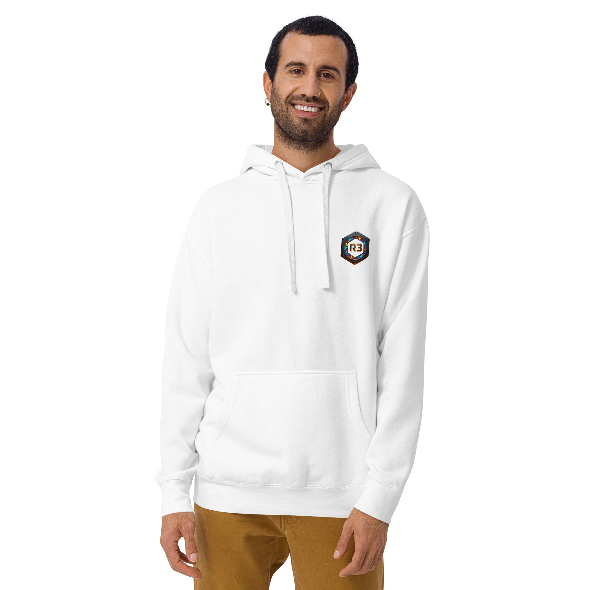 Man wearing a white hoodie with a R3 logo 