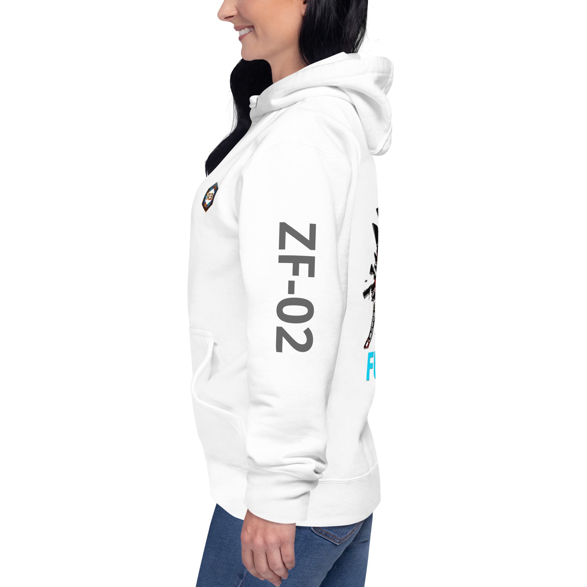 White hoodie with 'ZF-02' texton left sleee