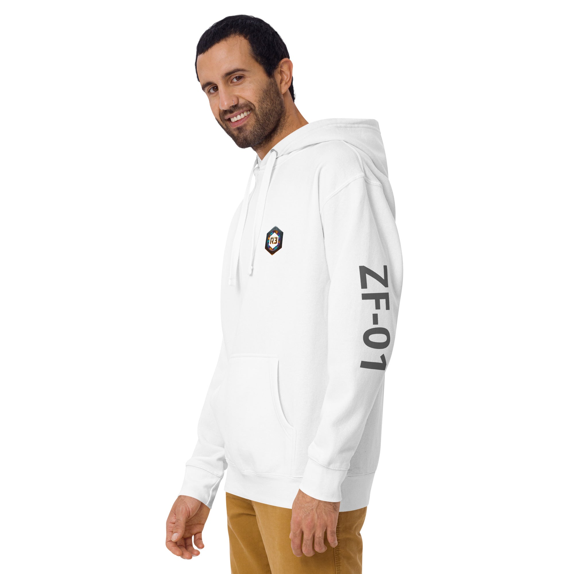 Man wearing a white hoodie with 'ZF-01' on left arm
