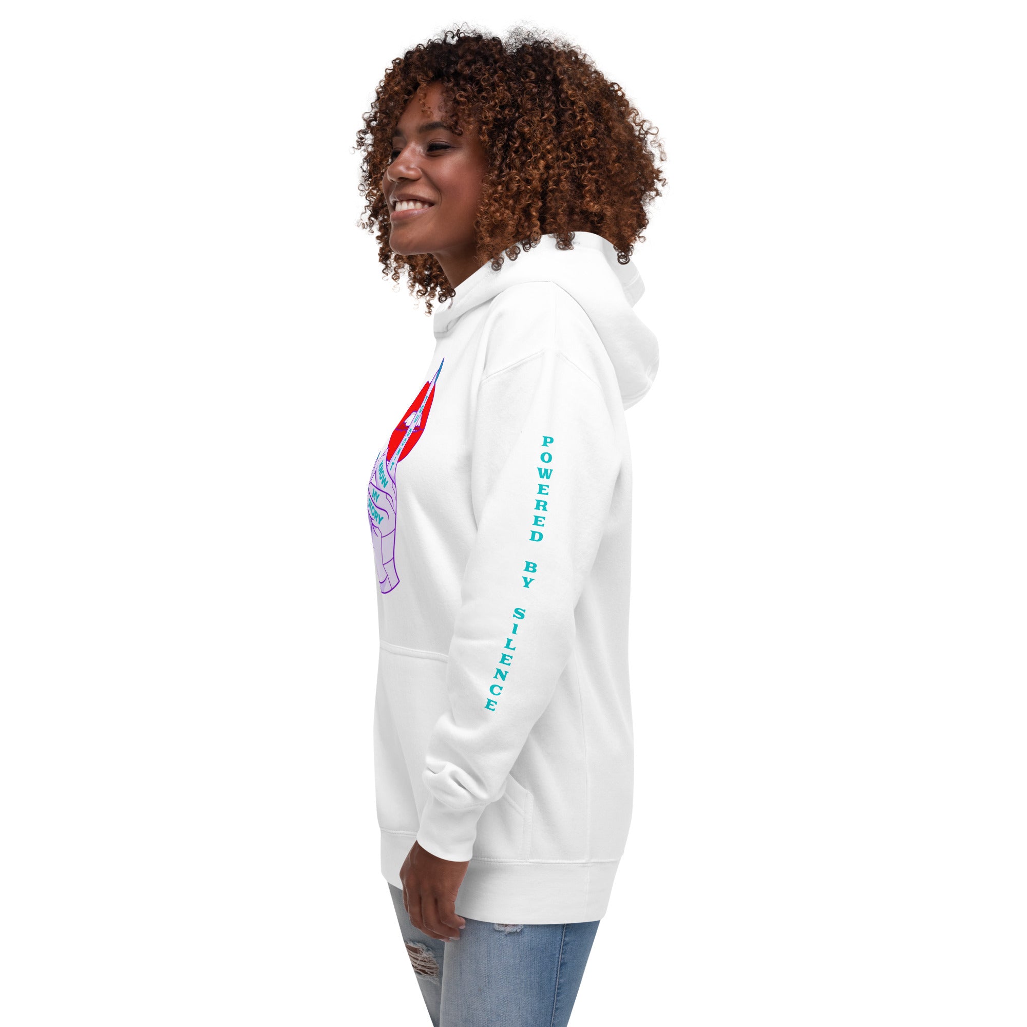 Woman wearing a white hoodie with colorful graphics and Powered By Silence text on left sleeve.