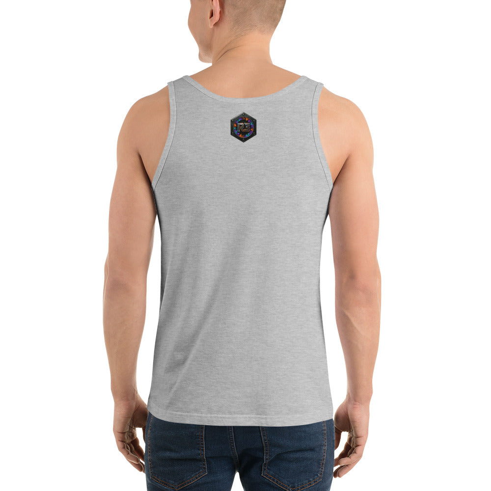 Back view of SOFT NOT WEAK Men's Tank Top in Heather Grey — R3:BU1LT 3003 Series