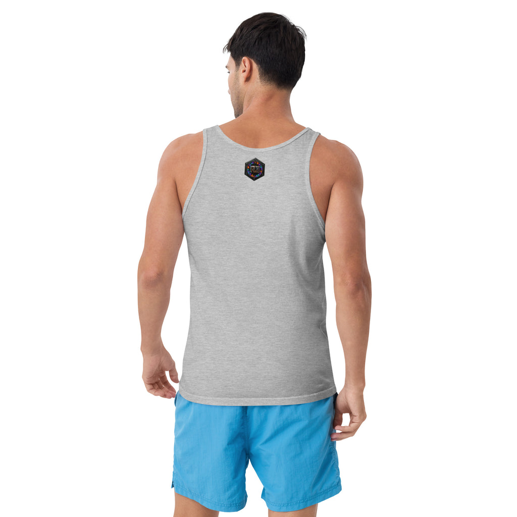 Man wearing a gray tank top with a R3:BU1LT R3 NUT logo and blue shorts
