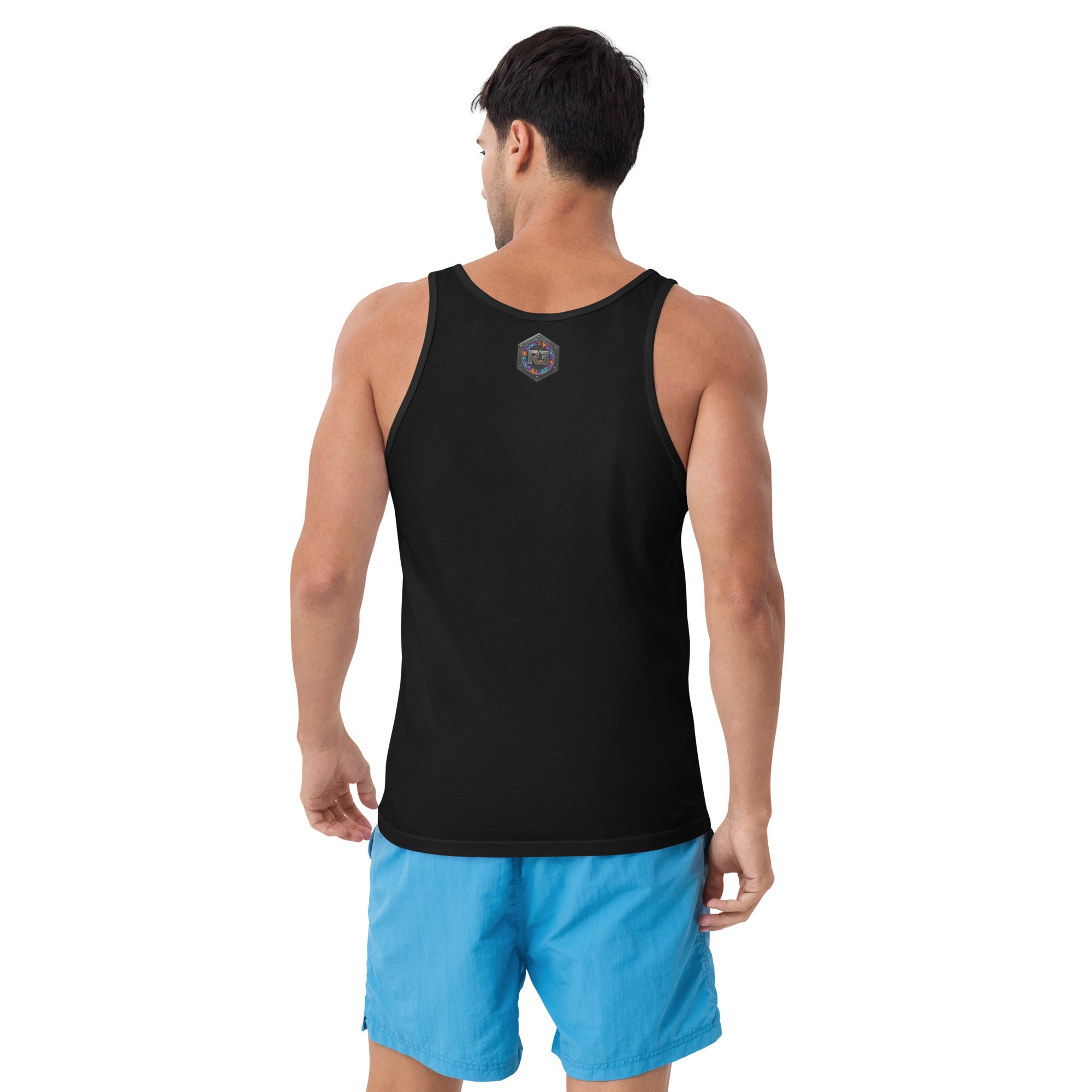 Man wearing a navy tank top with R3 BOLT LOGO on the back and blue shorts.