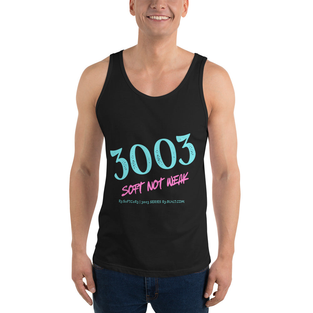 SOFT NOT WEAK Men's Tank Top in Black — Bold teal and pink 3003 graphic — R3:BU1LT 3003 Series streetwear.