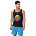 A man wearing a black tank top with a colorful retro -style sunset graphic and the text '3003' on the front, paired with bright blue shorts.