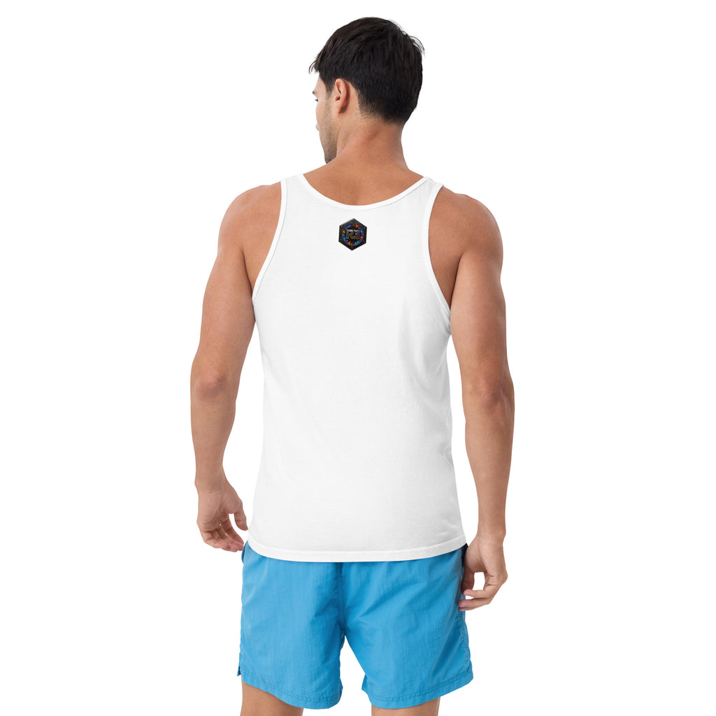 Man wearing a white tank top R3:BU1LT R3 NUT logo and blue shorts