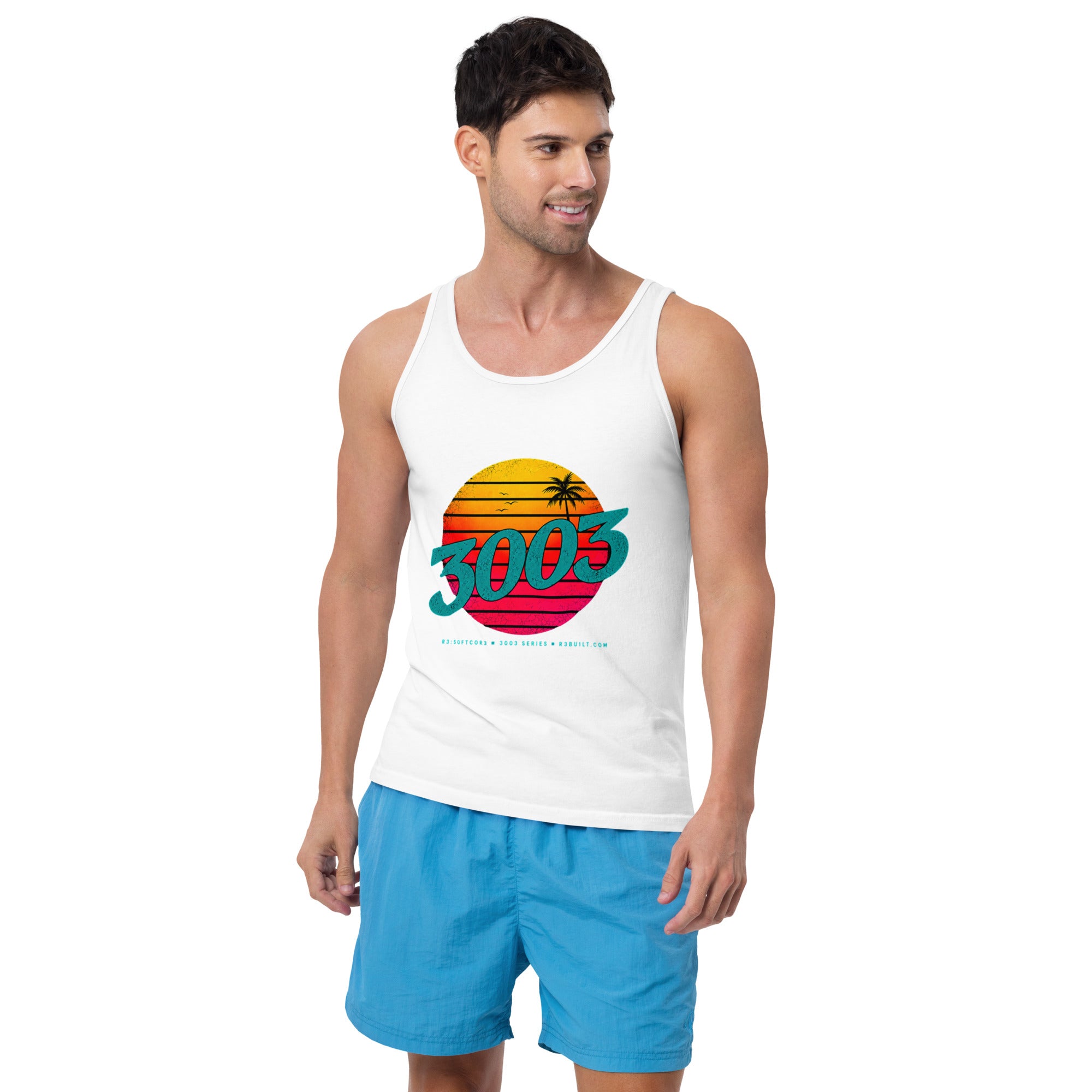 A man wearing a white tank top with a colorful retro-style sunset graphic and the text '3003' on the front, paired with bright blue shorts.
