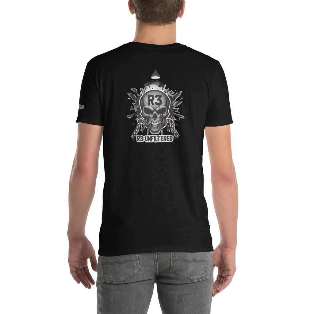 Man wearing a black t-shirt with a skull design on the back