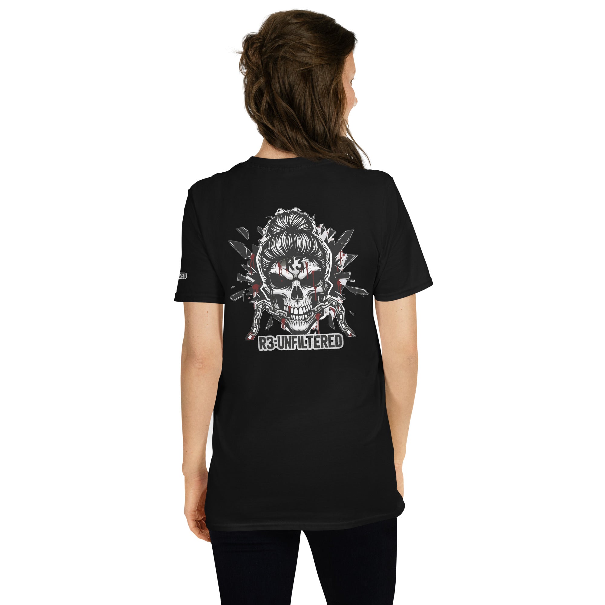 Black t-shirt with a skull design on the back worn by a woman