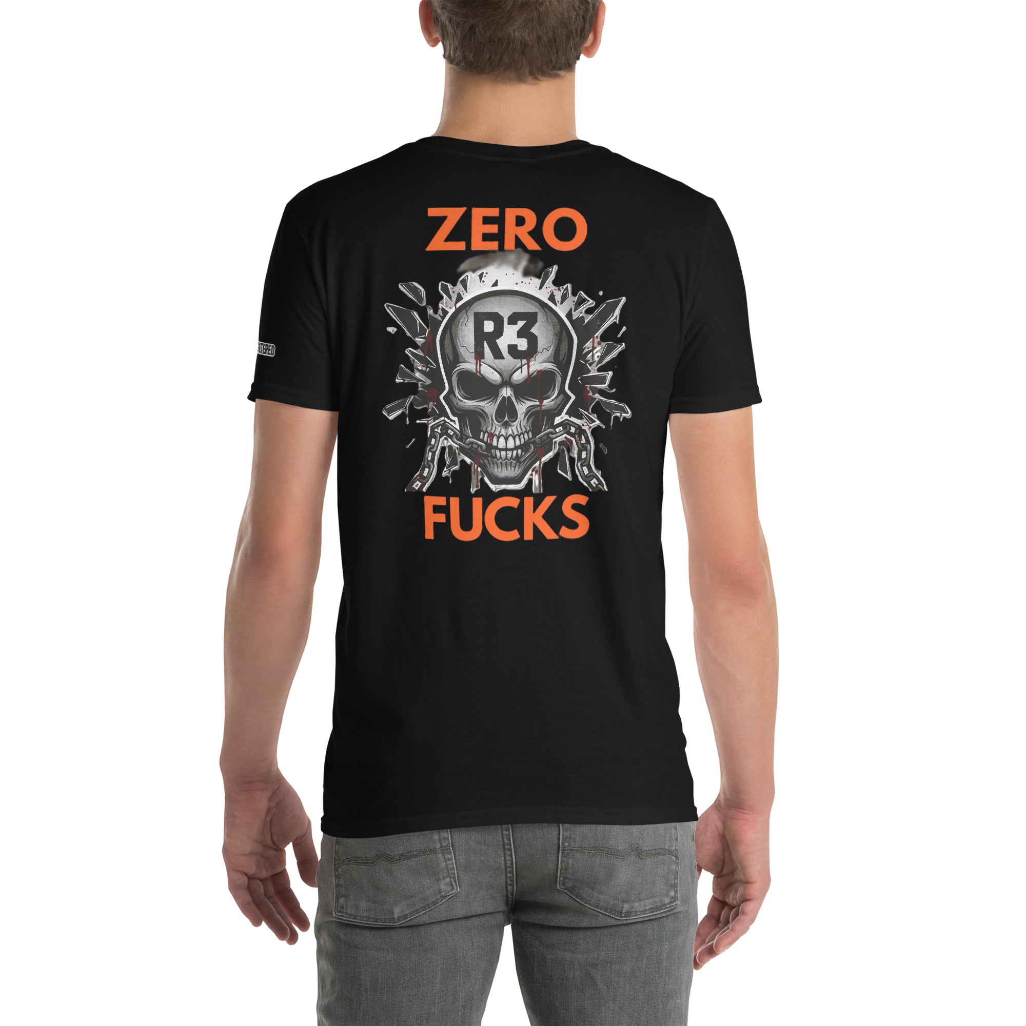 Black t-shirt with a graphic skull  design and text on the back
