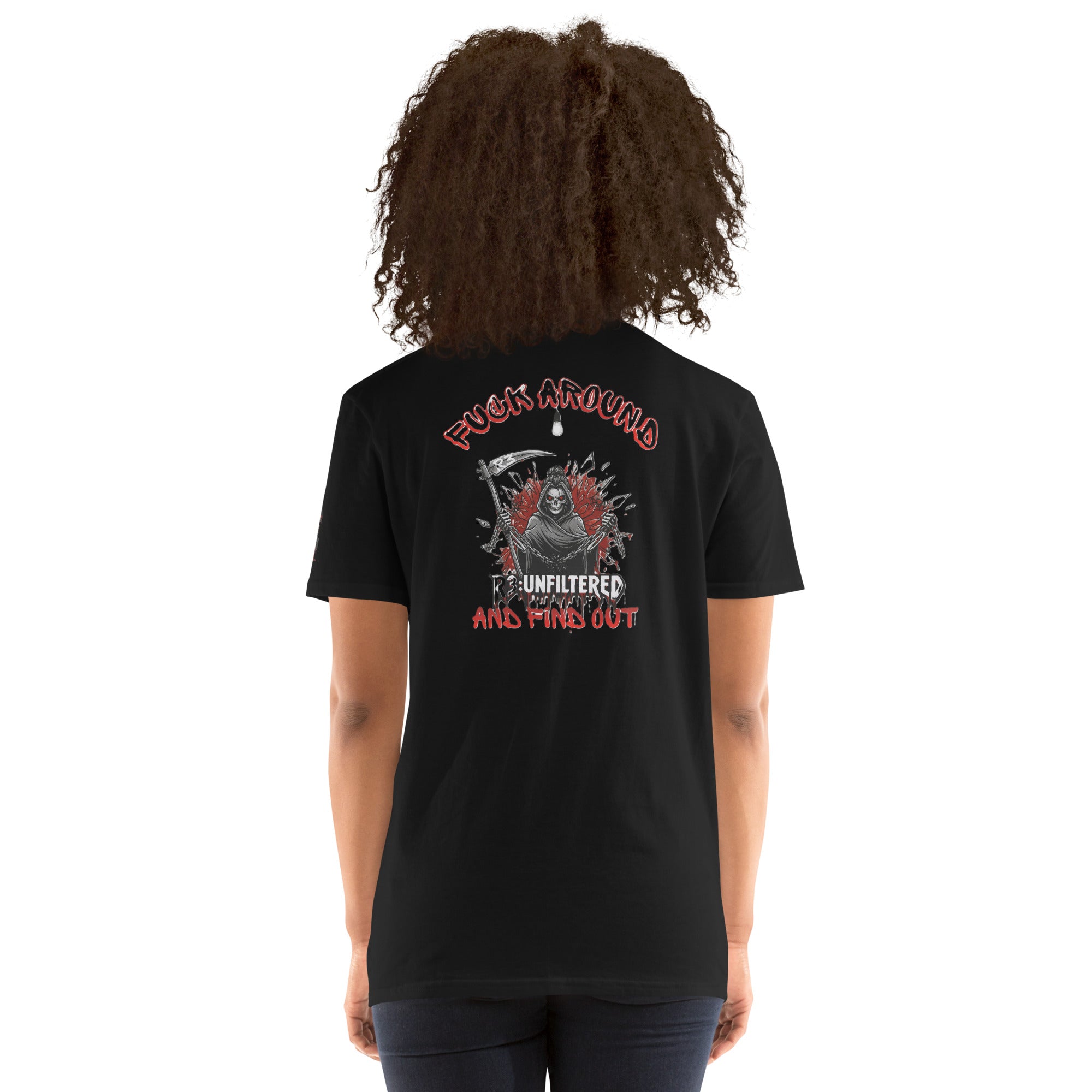 Woman wearing a black t-shirt with a graphic design on the back, featuring text and a lady reaper.
