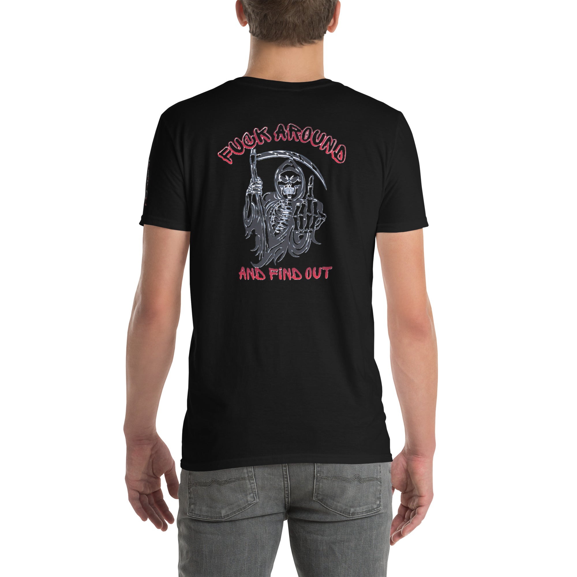 Black t-shirt with a graphic design on the back