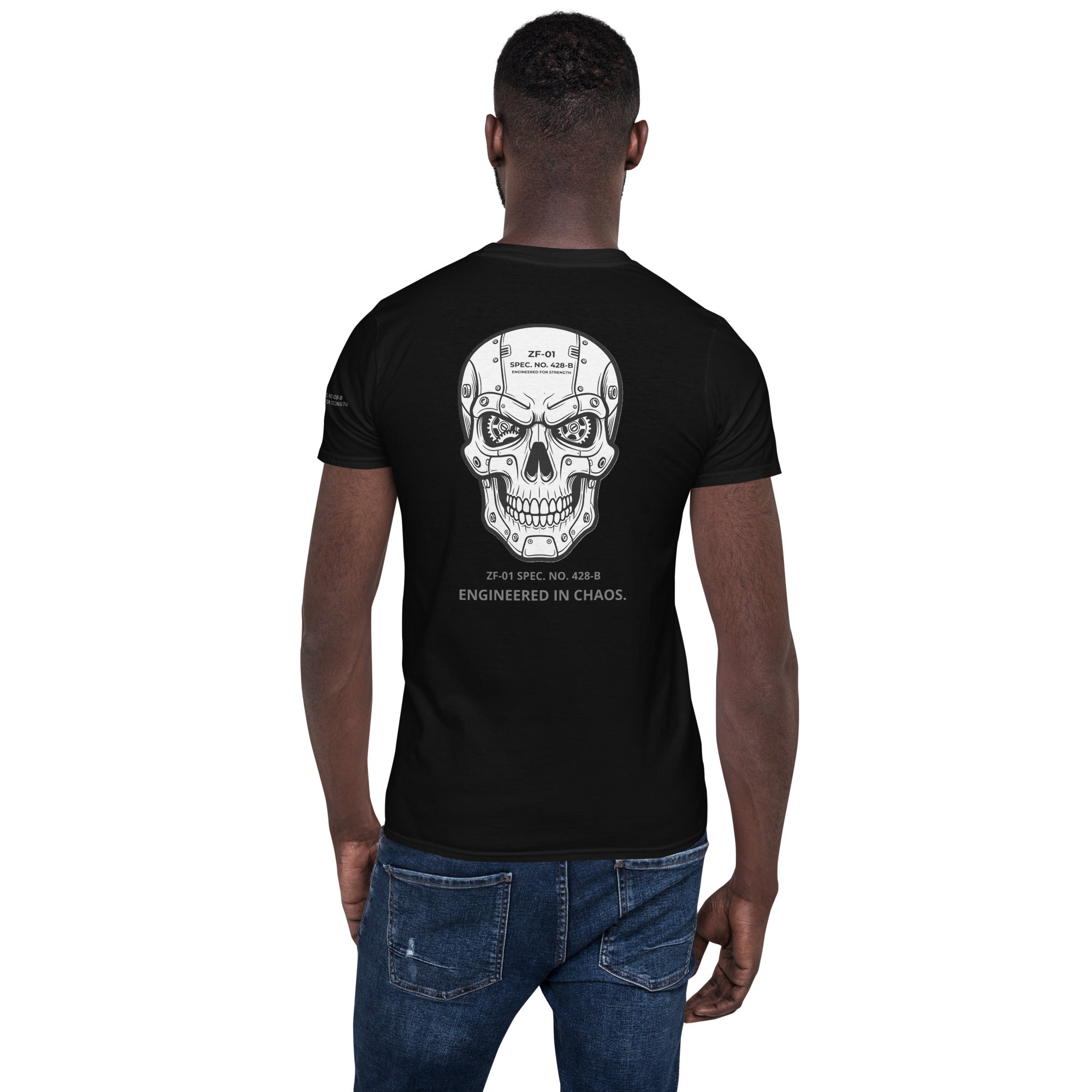Person wearing a black t-shirt with a ZF-01 SPEC. NO. 428-B
ENGINEERED FOR STRENGTH skull design on the back.