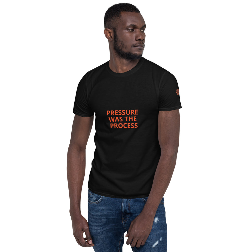 PRESSURE WAS THE PROCESS Black t-shirt front: industrial strength statement. REBUILD Series.
