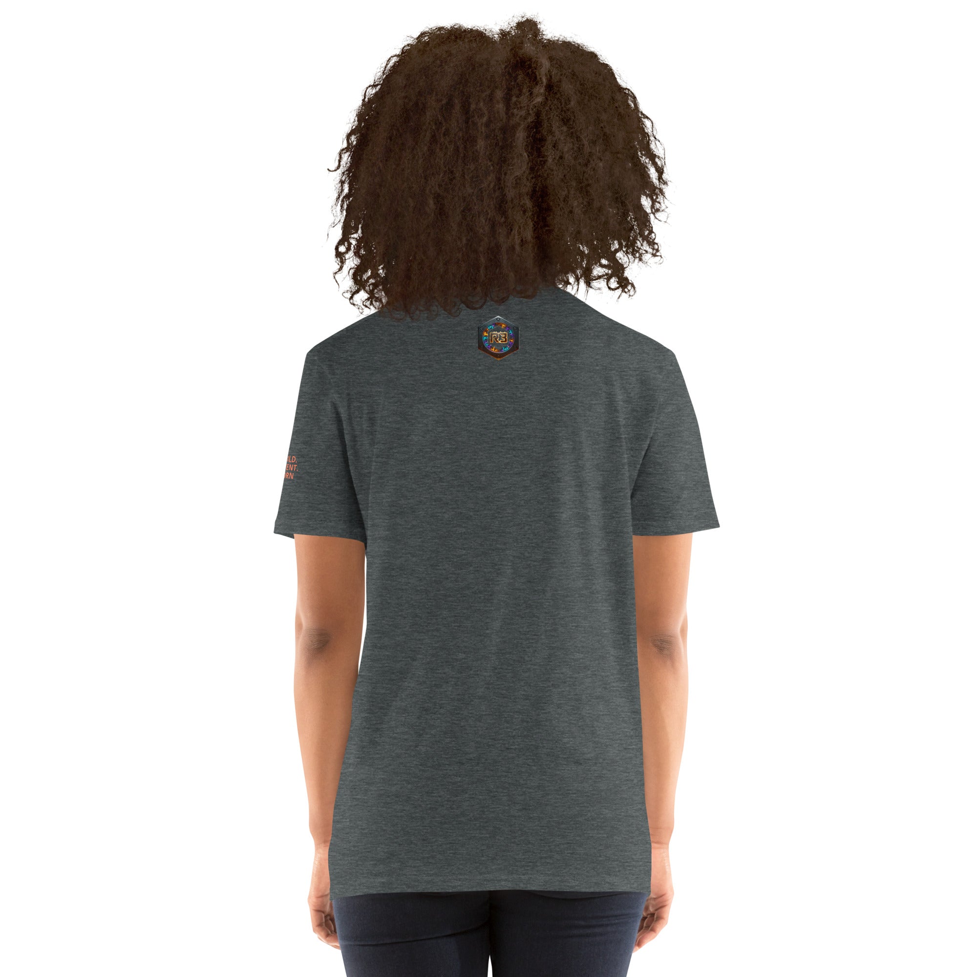 SURVIVAL WAS STEP ONE Dark Heather t-shirt back: R3 bolt logo in orange, blue, purple flames. REBUILD Series.
