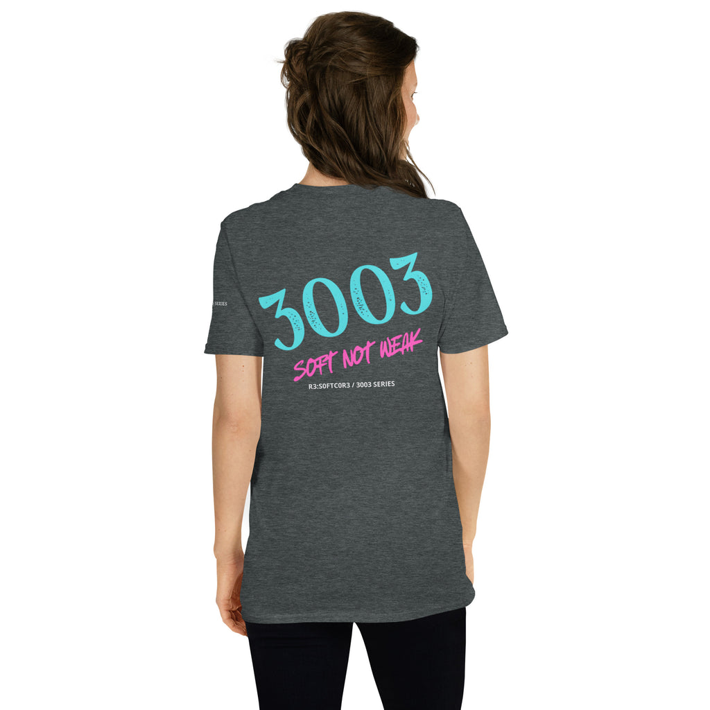 Woman wearing a dark gray t-shirt with '3003 Soft Not Weak / R3:S0FTC0R3 / R3:BU1LT logo  ' text on the back.