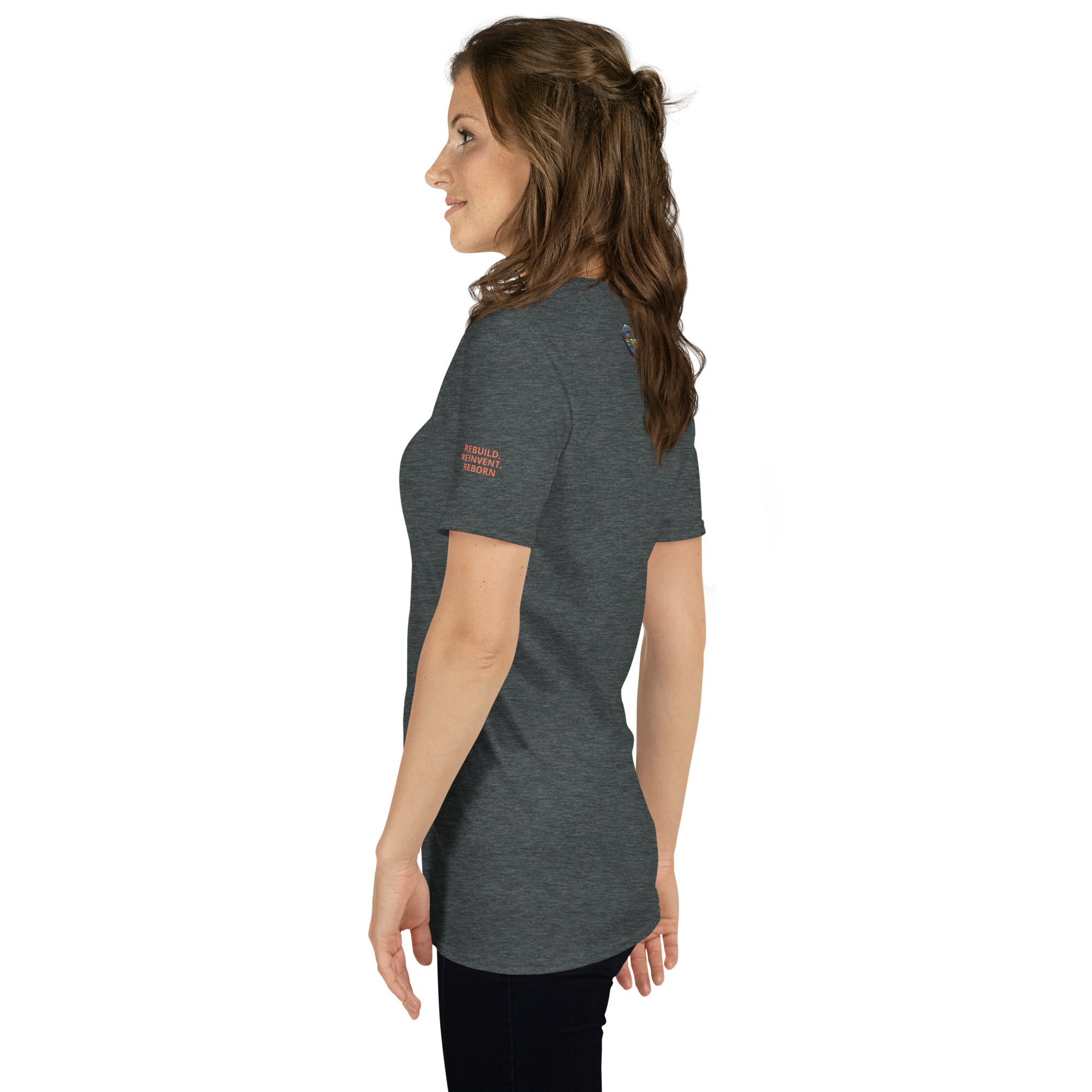 FORGED, NOT FIXED Dark Heather t-shirt. REBUILD. REINVENT. REBORN. stack on left sleeve. REBUILD Series