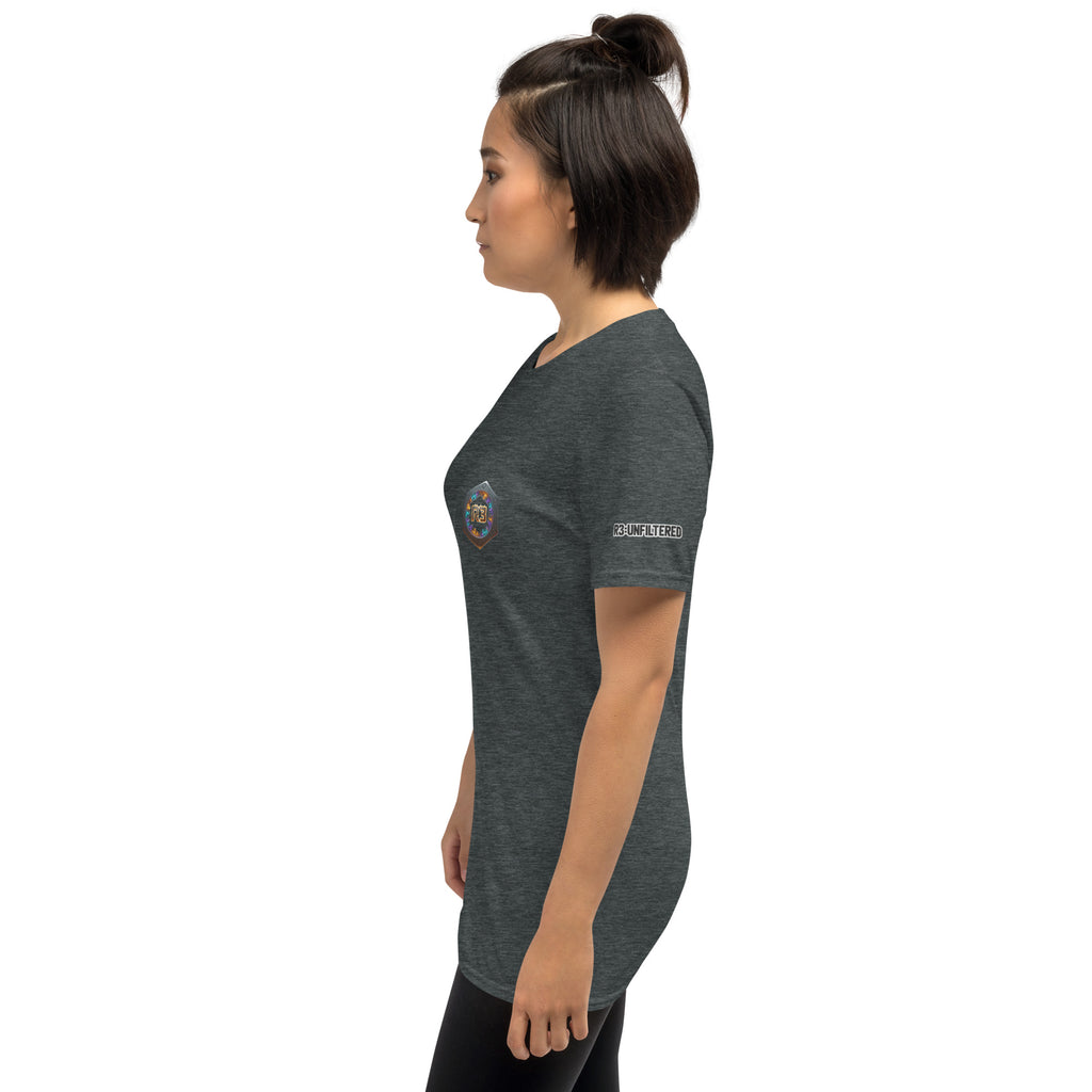 Woman wearing a dark gray t-shirt with a R3 logo 