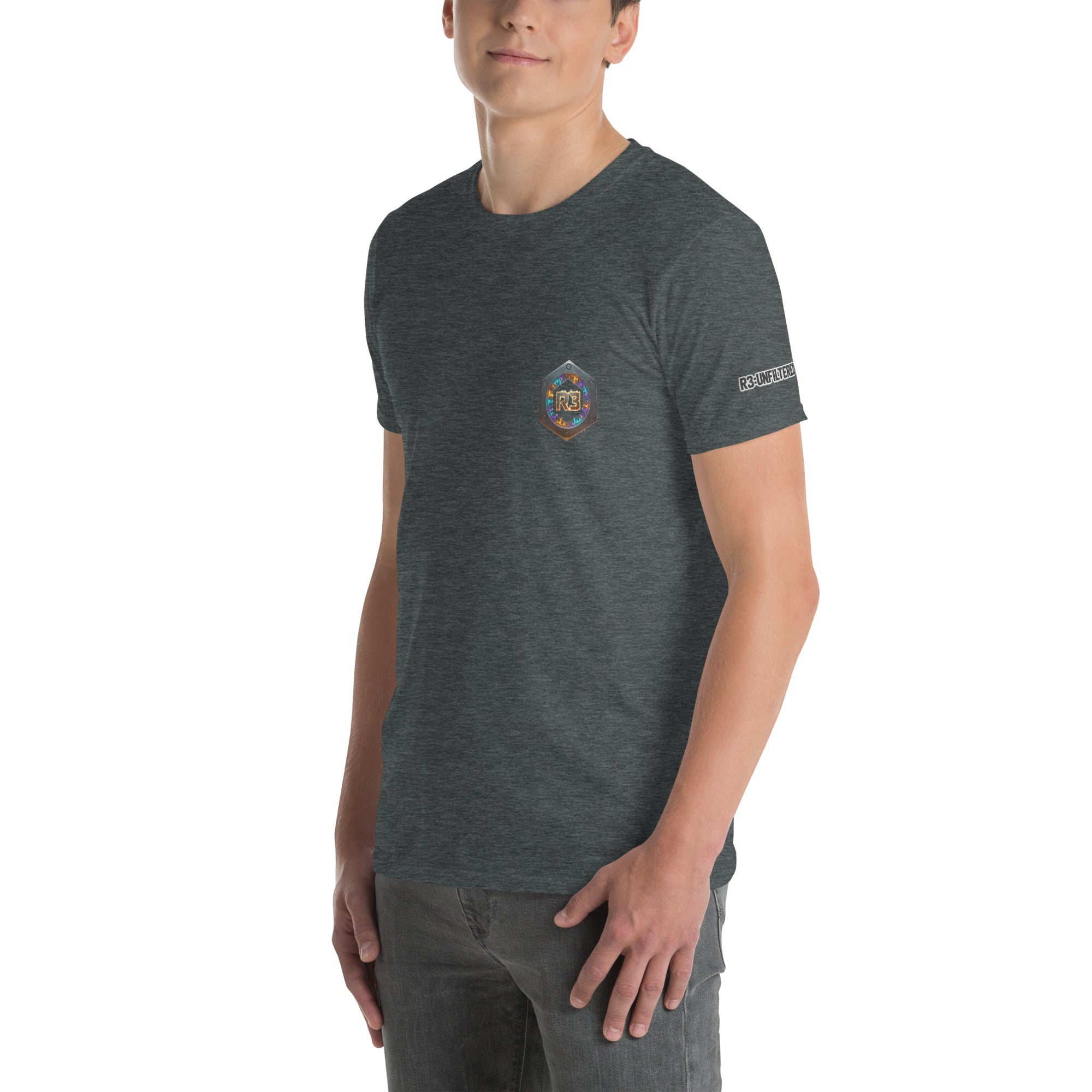 Man wearing a dark gray t-shirt with R3 logo