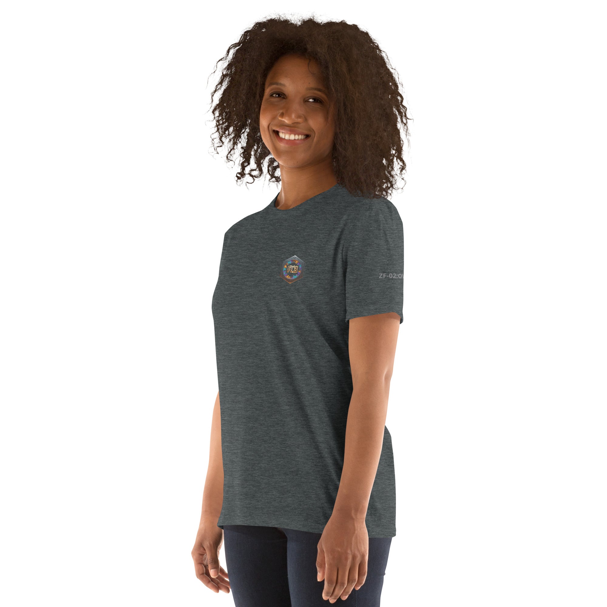 Woman wearing a dark gray t-shirt with a R3 logo 