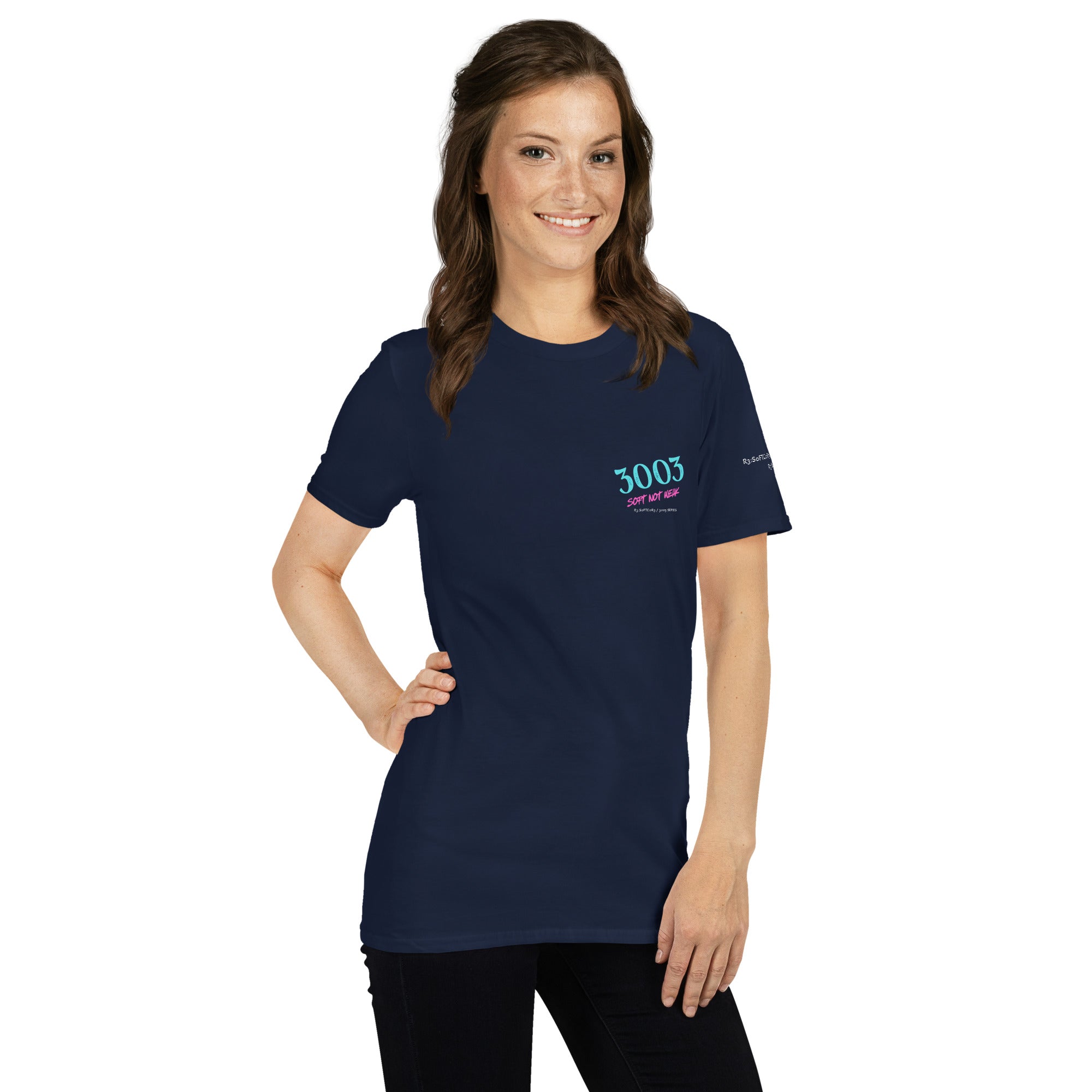 Woman wearing a navy blue t-shirt with a 3003 Soft Not Weak / R3:S0FTC0R3 / R3:BU1LT logo 
