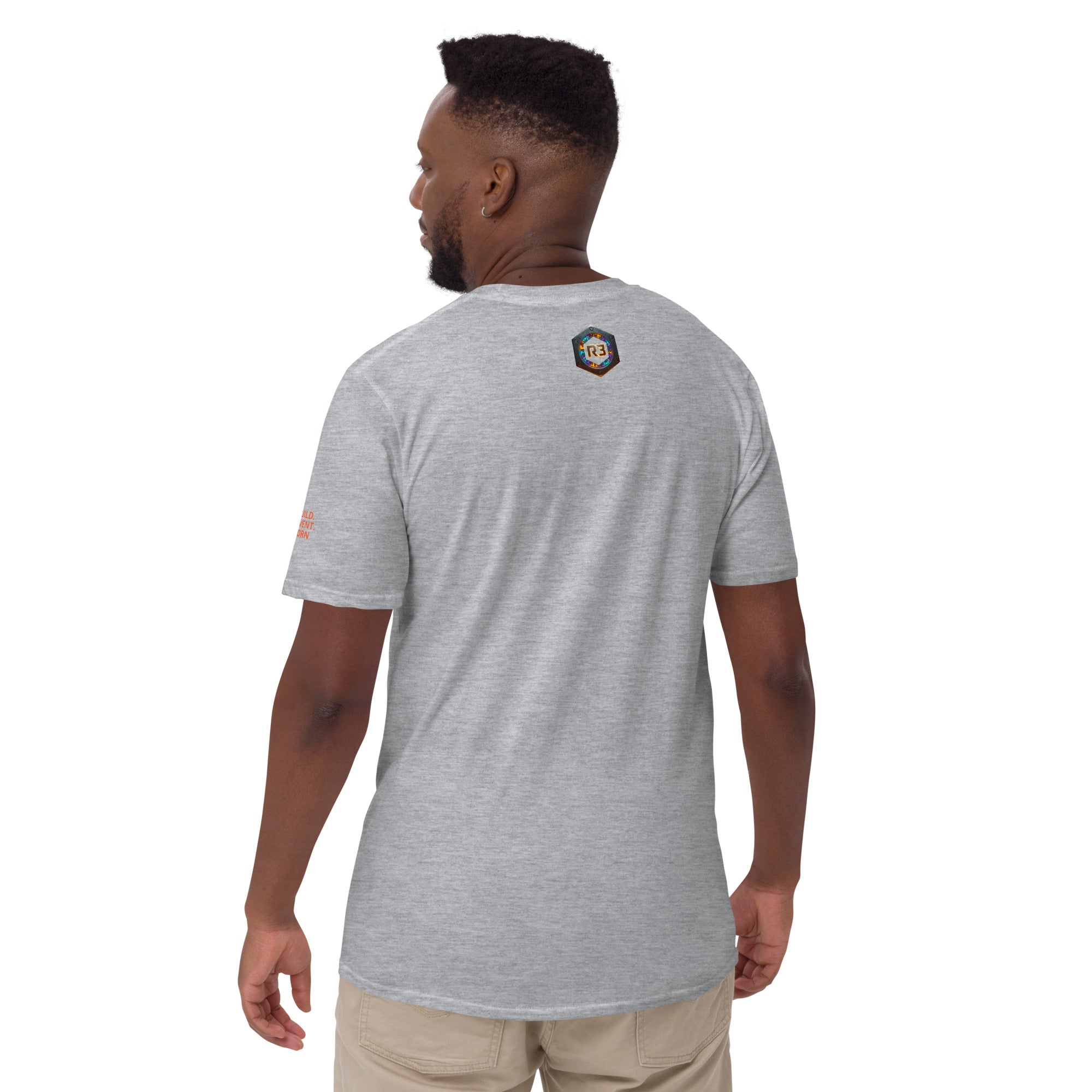 HEALING IS THE REBUILD Sport Grey t-shirt: Back outside tag R3 logo. REBUILD Series