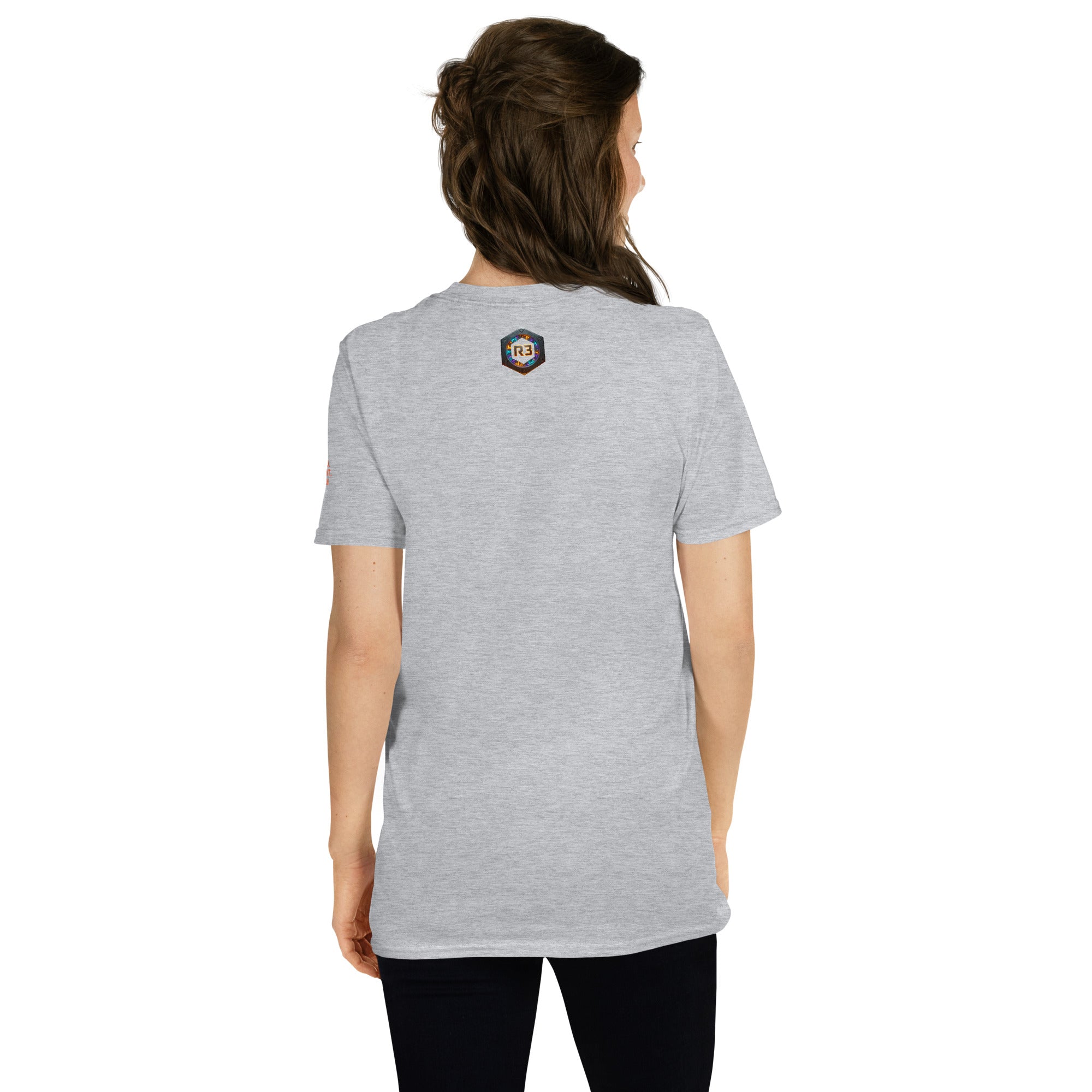 FORGED, NOT FIXED Sport Grey t-shirt back with R3 bolt logo in orange, blue, purple flames. REBUILD Series
