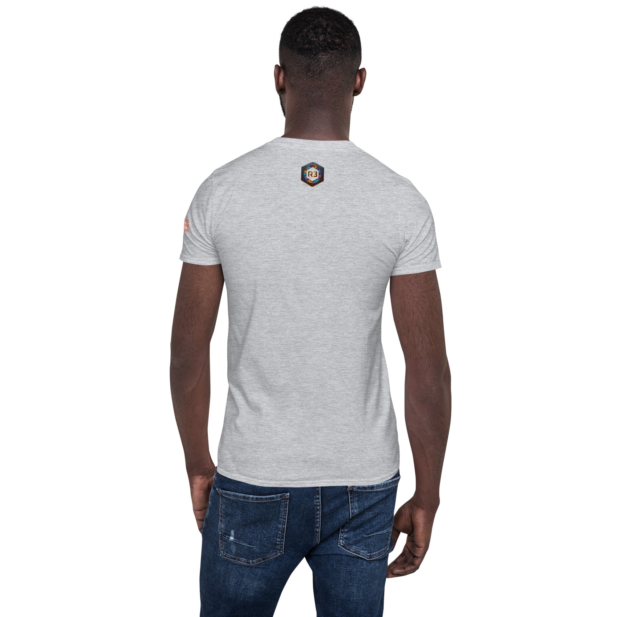 PRESSURE WAS THE PROCESS Sport Grey t-shirt back: R3 bolt logo in orange, blue, purple flames. REBUILD Series.

