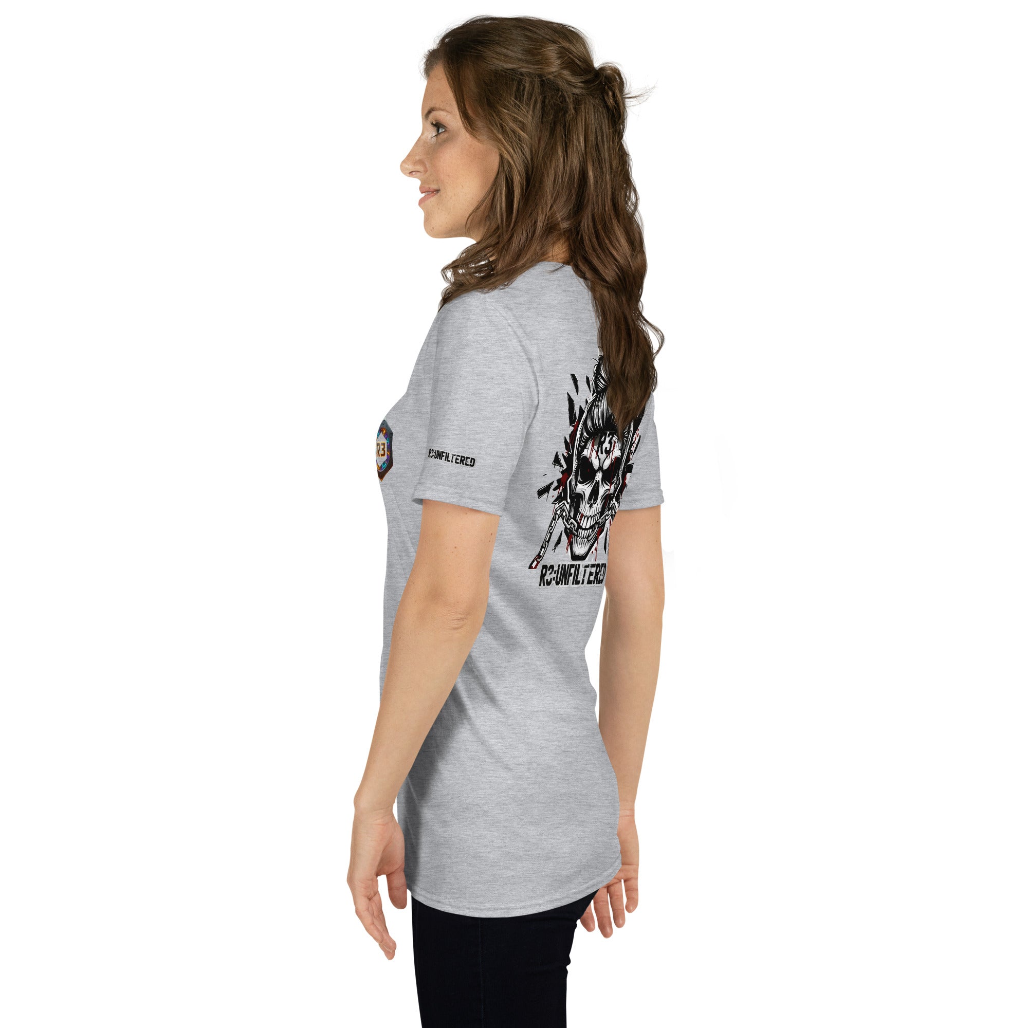 Woman wearing a gray t-shirt with a graphic design on the back
