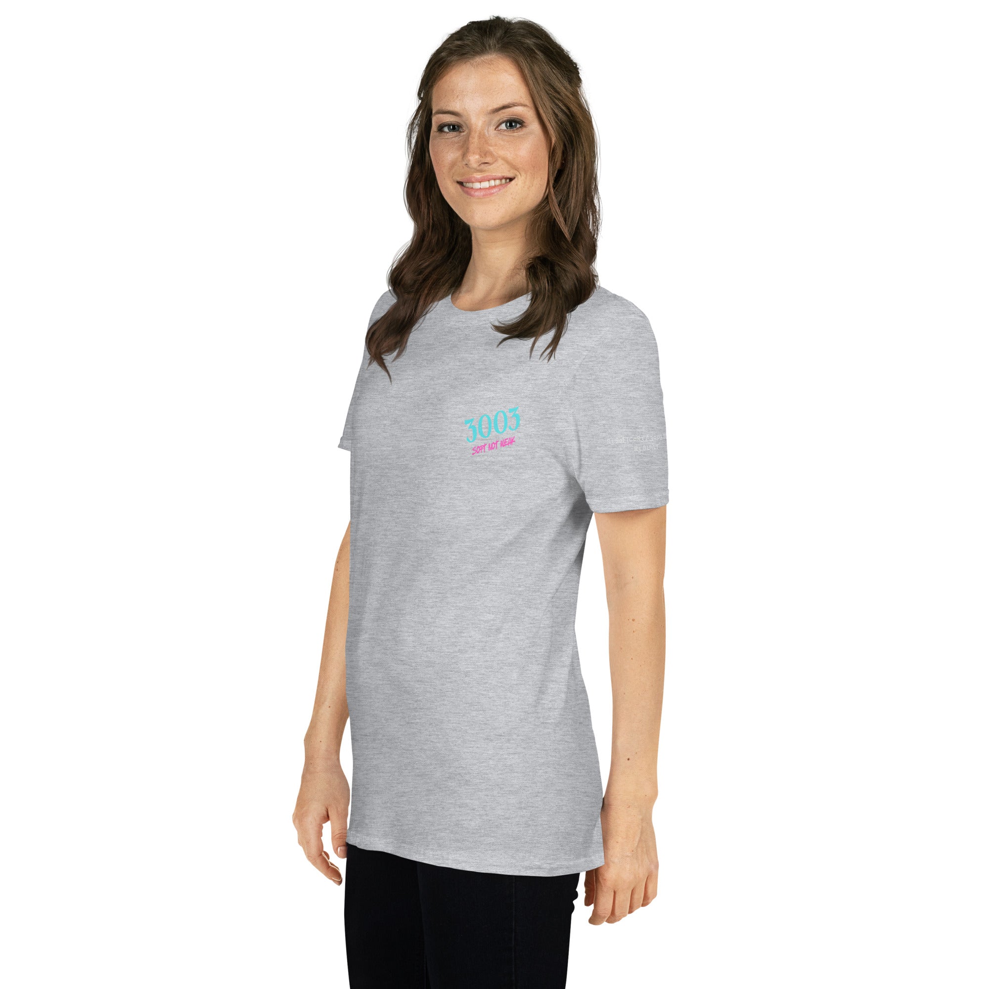 Woman wearing a gray t-shirt with a with a 3003 Soft Not Weak / R3:S0FTC0R3 / R3:BU1LT logo 