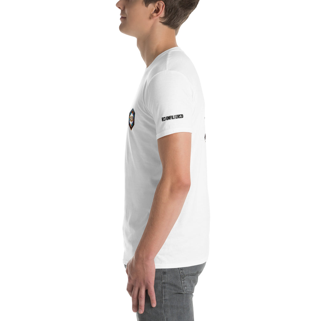 Man wearing a white t-shirt with black text on left sleeve