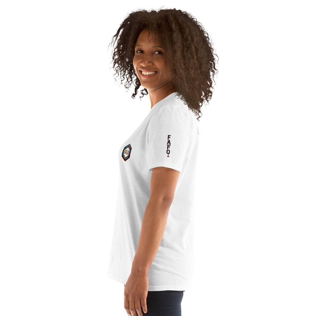 Woman wearing a white t-shirt with a graphic designs and FAFO on  left sleeve