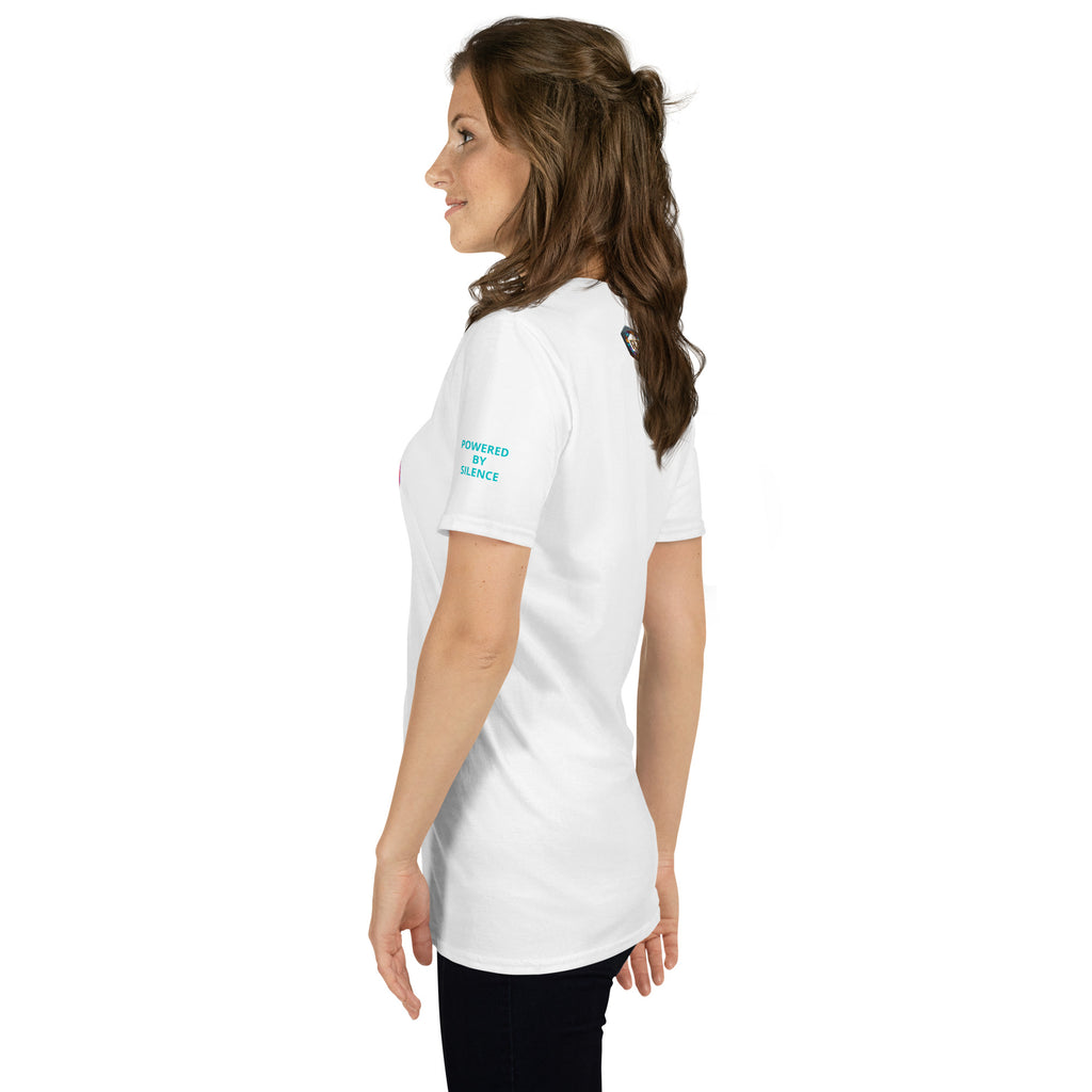 Woman wearing a white t-shirt with text on the left sleeve Powered By Silence.