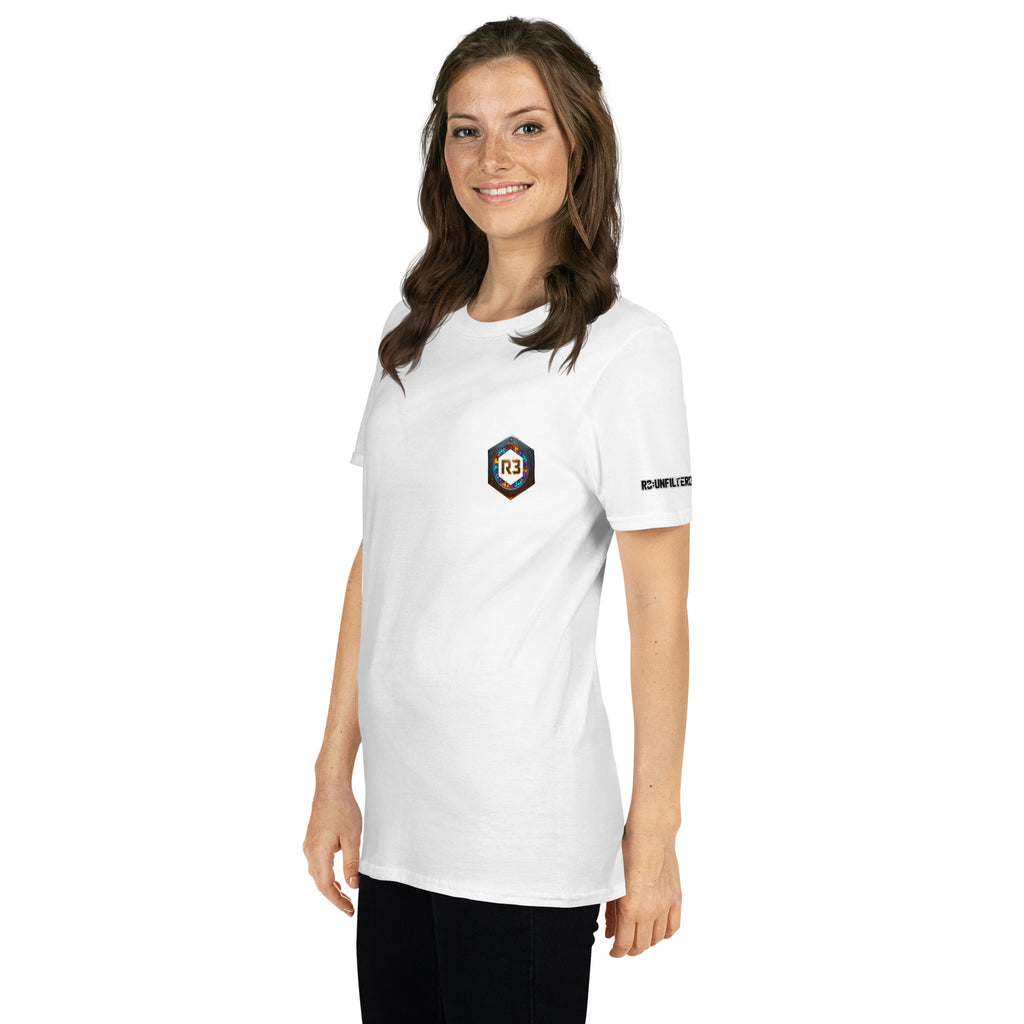 Woman wearing a white t-shirt with a R3 logo on the chest