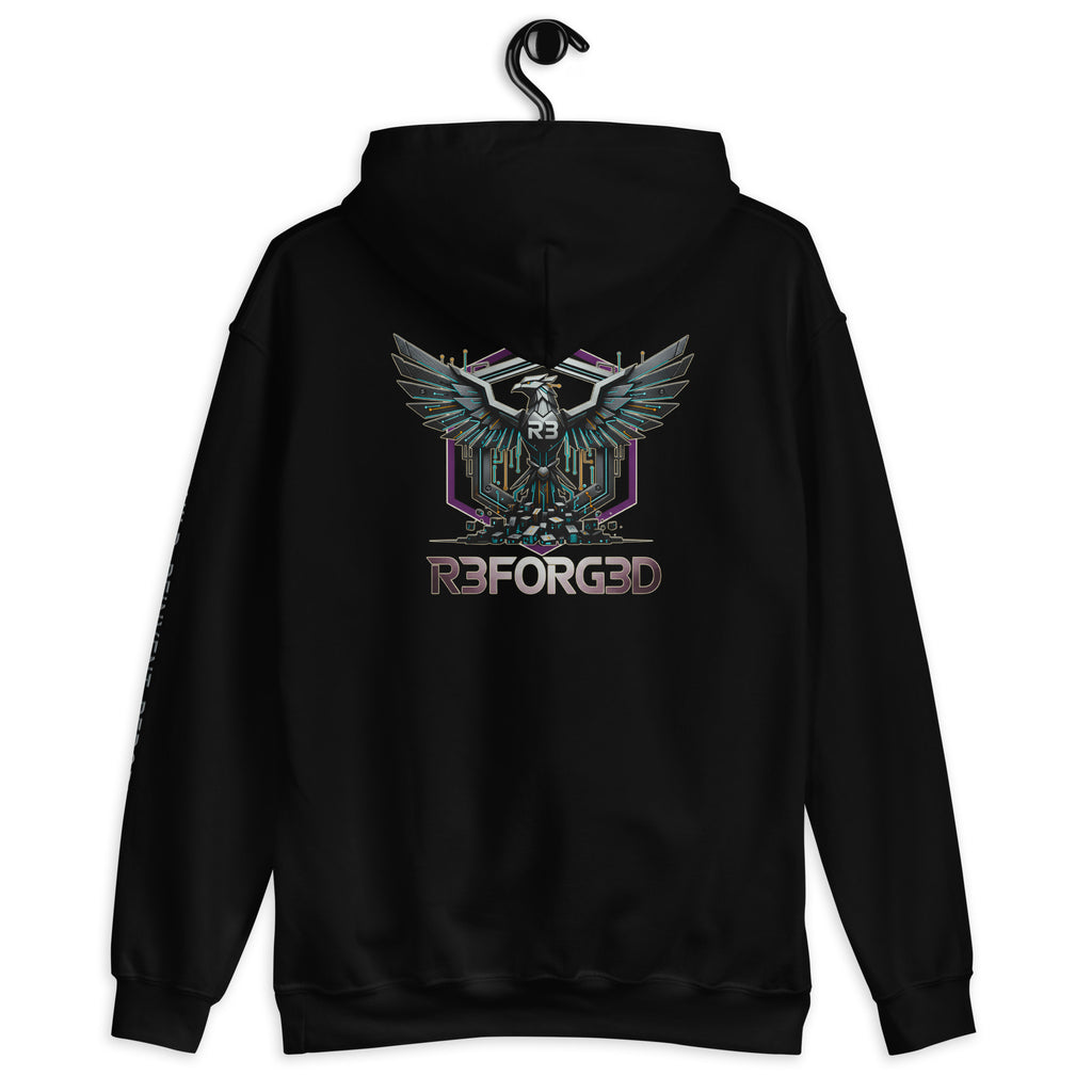 R3F0RG3D black hoodie: industrial phoenix back graphic in purple and silver with REBUILD. REINVENT. REBORN. sleeve text.